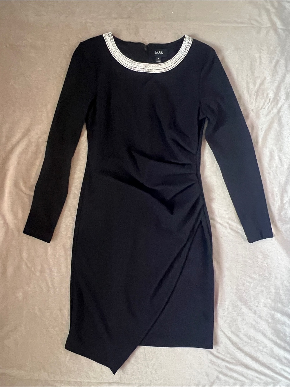 MSK Black Long-Sleeve Sheath Dress with Beaded Neckline